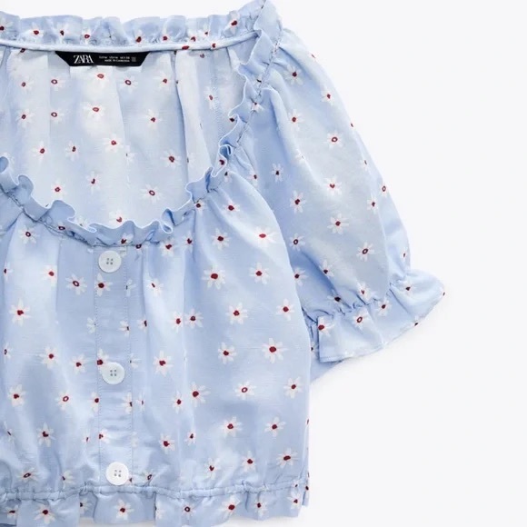 Zara Summer Linen Blend Blue Floral Cropped Blouse - Picture 8 of 9